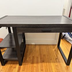 Dark Wood Metal Home Office Desk w/ 2 Power Outlets 