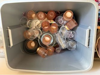 Tub of Glass Vases and Votives various colors