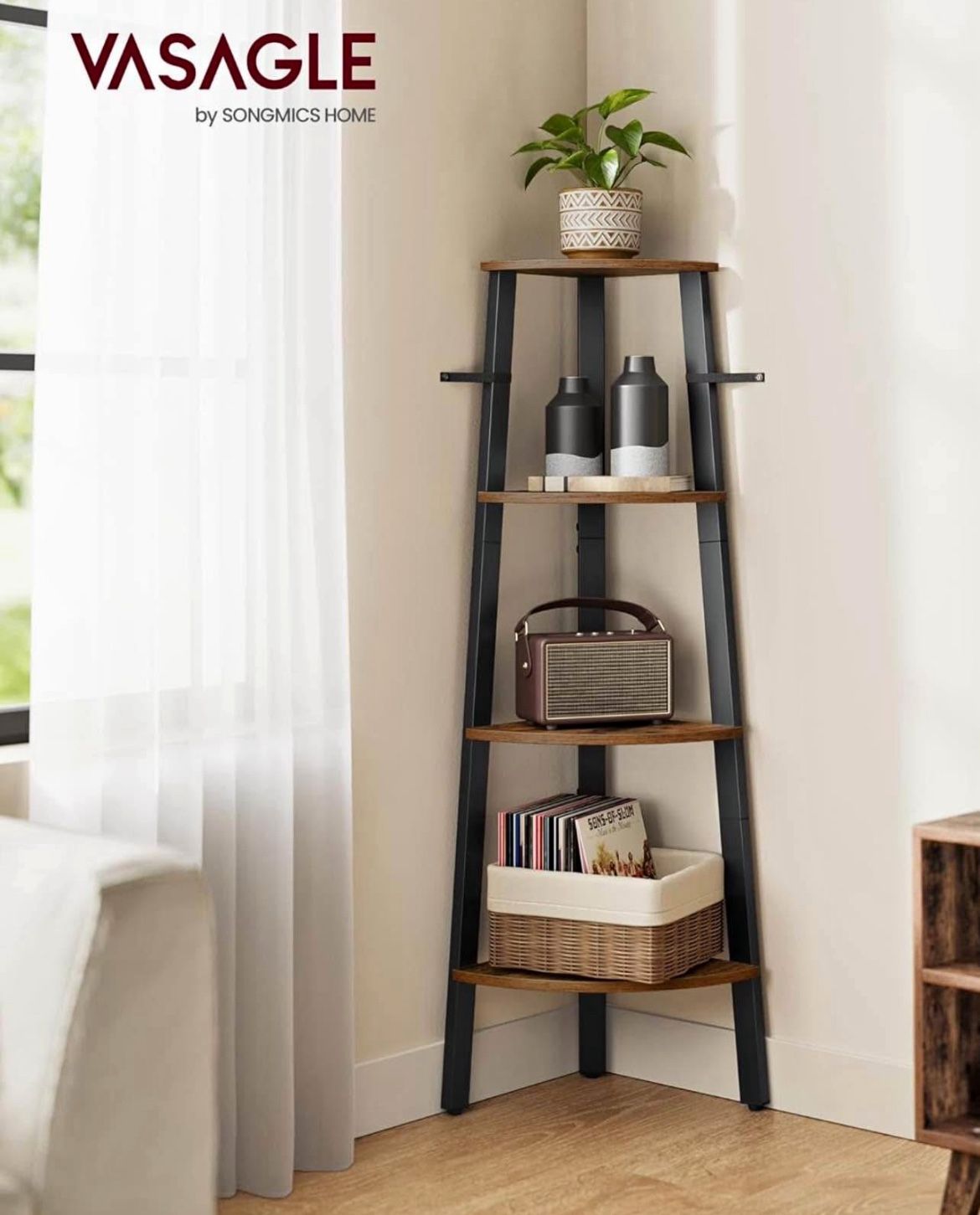 Corner Shelf Stand, 4-Tier Corner Bookshelf, Industrial Ladder Shelf, Plant Stand for Living Room, Office, Kitchen, Rustic Brown and Black