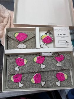 Rachel Zoe 3-Piece Sequin Novelty Set Clutch Card Case and Bag Charm New In Box