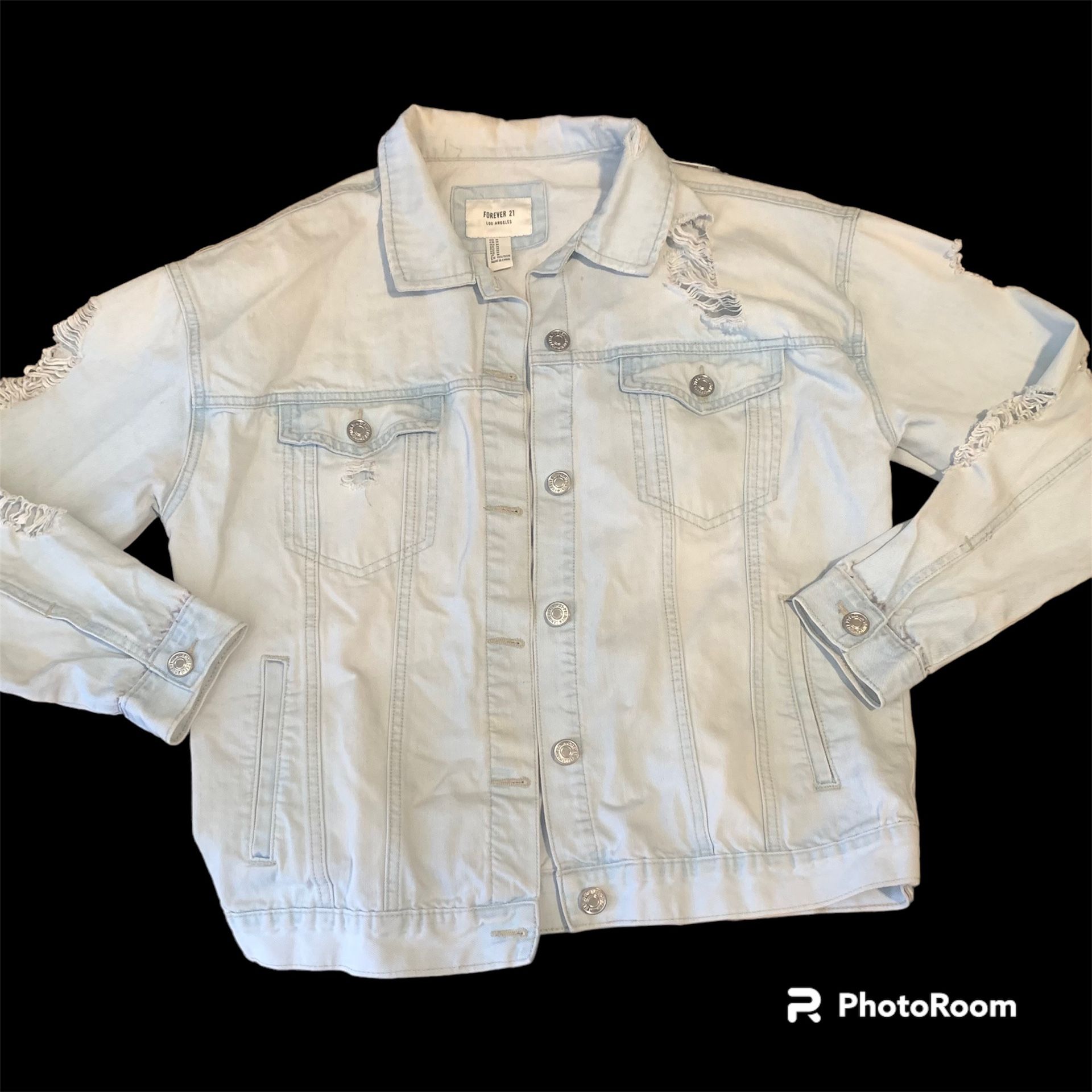 Forever 21 Light Blue Denim Jean Button Up Distressed Jacket Womens Size Medium