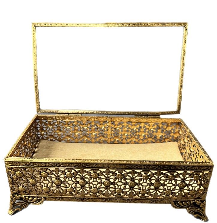 Stylebuilt Gold Gilt Filigree Ormolu Glass Jewelry Trinket Box 7.5"X4.5"X2.75"