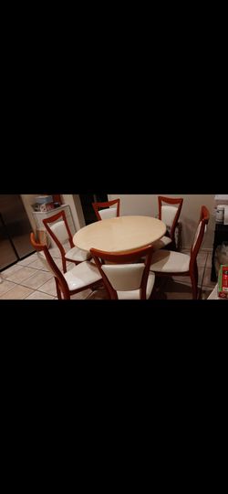 Marble Table in Beige at 41.5" x 41.5" x 30" with 6 Brown/Beige Chairs