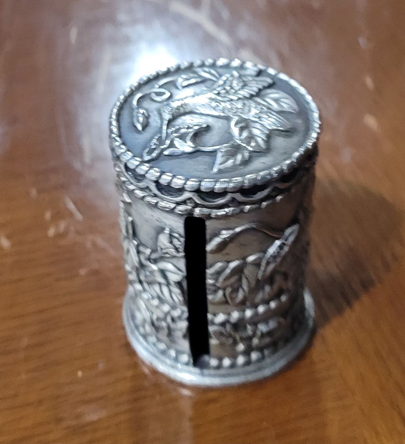 Vtg Floral Hummingbird Pewter Postage Stamp Roll Label Dispenser Holder