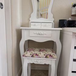 White Vanity Table With Floral Stool 
