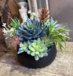 Ht-7.5in Width-10in HANDMADE Artificial Cactus Arrangement In A Black Ceramic Container 