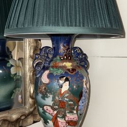 Vintage Japanese Satsuma Style Porcelain Lamp - Hand-Painted Geisha & Floral Relief Design