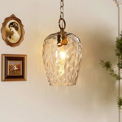 Gold Hammered Glass Pendant Light with Adjustable 60-Inch Chain Rippled Single Pendant Lighting E26 Base Modern Hanging Light for Kitchen Island Dinin