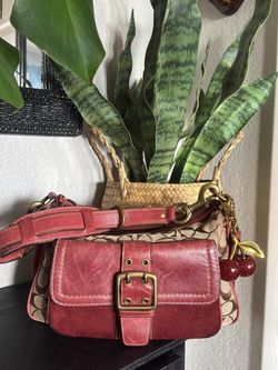 Vintage COACH Soho Flap Bag (Style 7063) in rich red suede and khaki Signature jacquard.