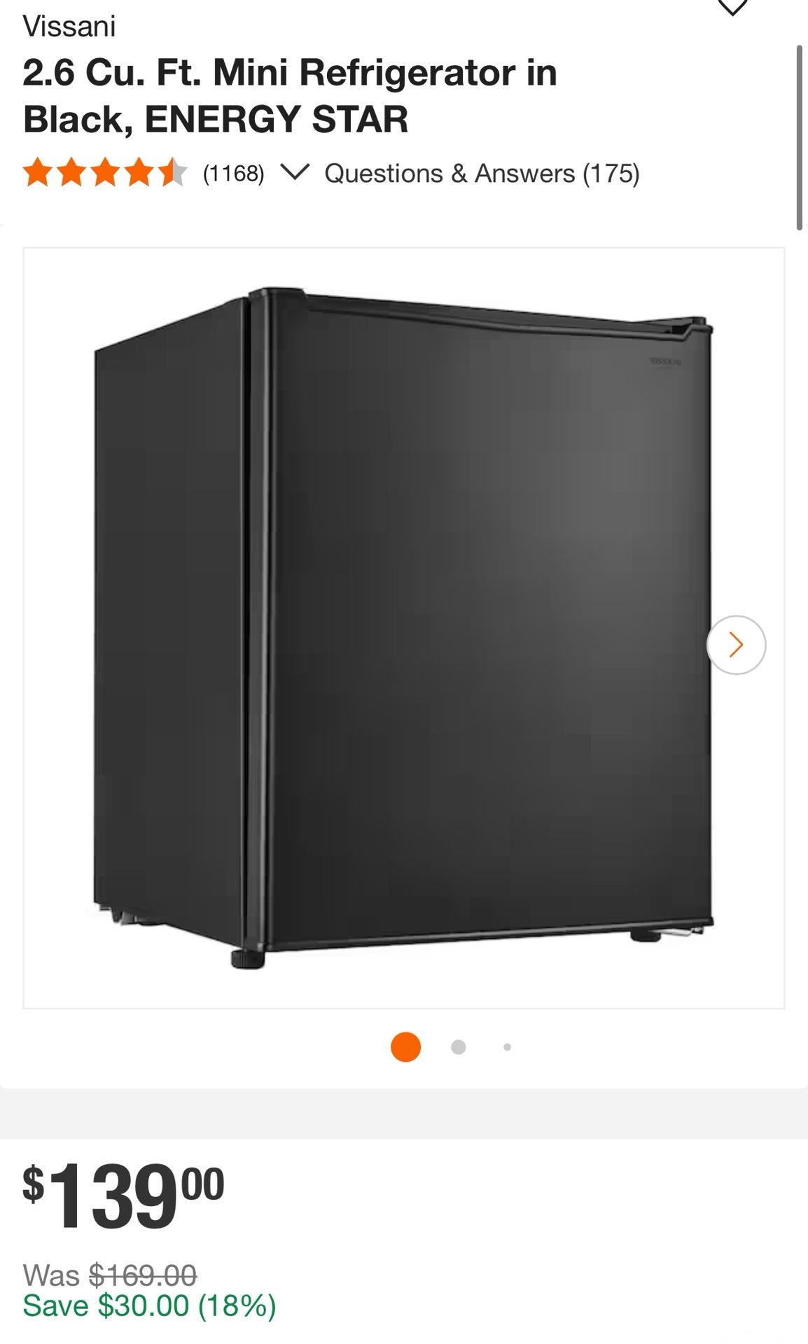 Vissani 2.6 Cu. Ft. Mini Refrigerator in Black, ENERGY STAR