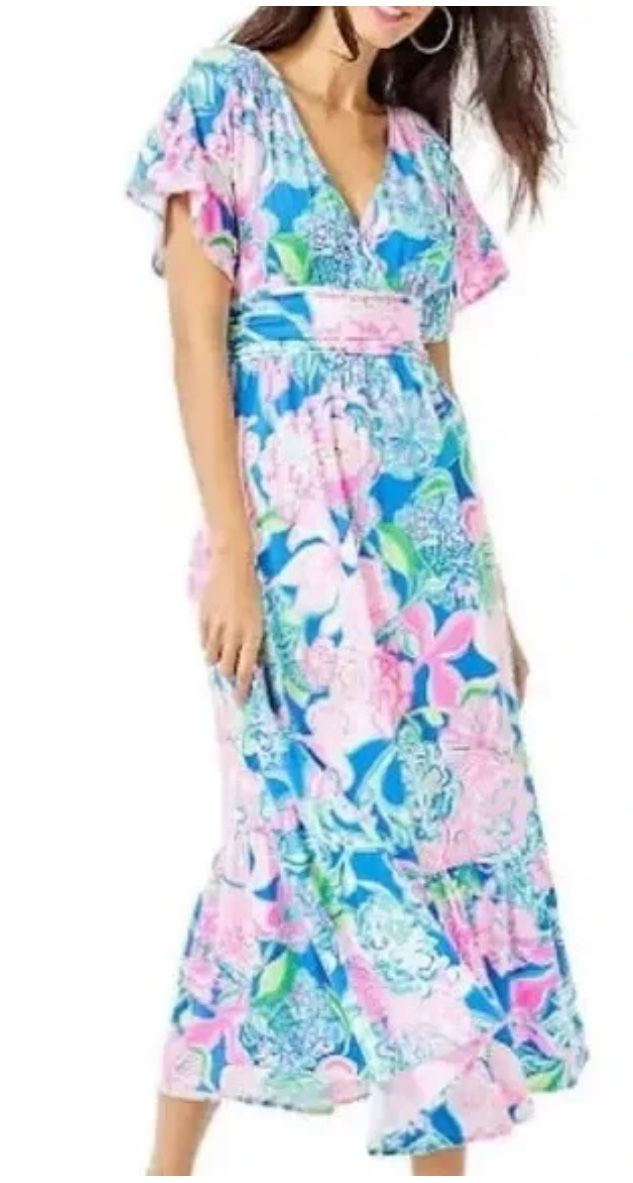 Lilly Pulitzer Pink and Blue Flutter Sleeve Maxi Sundress bottom layer  ruffle