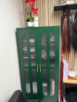 Green Metal Cabinet with Glass Panel Doors