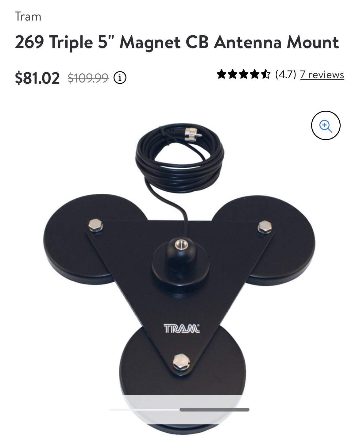 TRAM Model 269 5" Tri-Magnet CB Antenna Mount Black with Rubber Boots