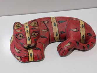 Vintage Hand Painted Wooden Cat Sculpture Folk Art Red Carved Decor Piece
