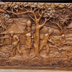 Vintage Hand Carved Teak Wood Rural Island Village Scene 