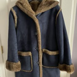 Womens Reversible Dennis Basso Navy Blue Suede Fur Coat For Women