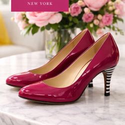  Kate Spade Karolina patent leather heels pumps with striped heel in berry (pink) W US 8.5