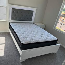 New/White Led Queen Upholstered Panel Bed Frame Cama//King, Twin Size Available/Mattress Sold Separately 