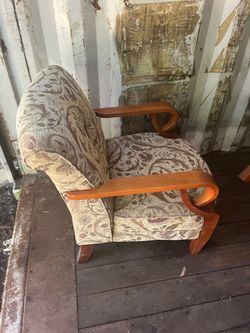 Pair of Vintage Floral Upholstered Armchair with Curved Wood Arms