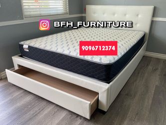 Queen white platform bed with ortho mattress included