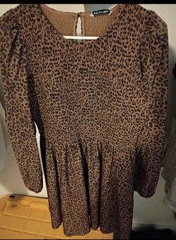 Leopard Print Smocked Long Sleeve Mini Dress