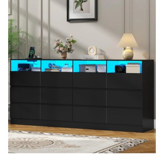 Drawers Black Dresser with Charging Station & Led Lights for Bedroom, Long 63" Wide Dresser TV Stand for TVs up to 75", Large Dressers Organizer with 