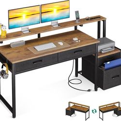 Computer Desk with 4 Drawers, 48 Inch Office Desk with Power Outlet, Home Office Desk with Printer Space & File Drawers Cabinet, Work Desk T