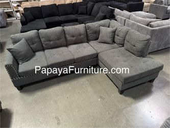 New Sectional Couch and Chaise Set Grey Fabric Nailhead Trim Sofa BIG SALE Seccional Discount Ashley Style Gray Nail head Trim Warehouse Furniture