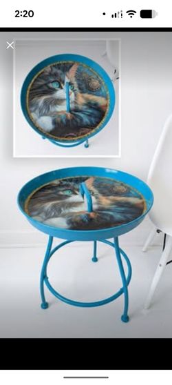Turquoise Metal Serving Tray Table – Steampunk Cat Accent Table