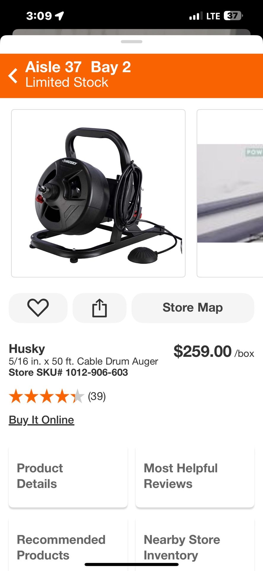 Husky 5/16 in. x 50 ft. Cable Drum Auger