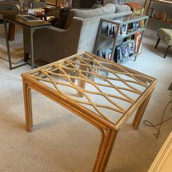 Mid Centurty Modern Furniture two 29 x 29” tables TV stand of a civil base blue lamp also have two dining chairs price separate