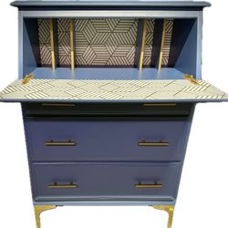 Hand-Refinished 1960s Dresser/Secretary Desk – Blue & Gold Modern Vintage Style