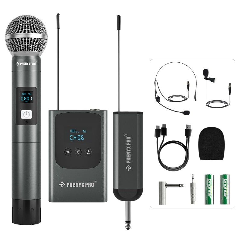 Phenyx Pro Dual Digital Wireless Microphone System, w/Handheld Dynamic Microphone, Bodypack Transmitter, Mini Receiver, 2x15 UHF Frequencies, Headset/
