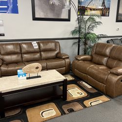 2PC Brown Genuine Leather Sofa & Loveseat 