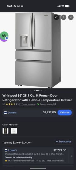 Whirlpool 36" French Door Refrigerator 28.9 Cu. Ft