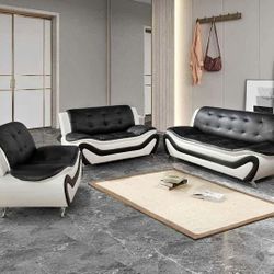 Modern Style Black And White Leather Three Piece Couch Set