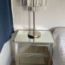 Mirrored Glass Nightstand  28” with Glass Lamp