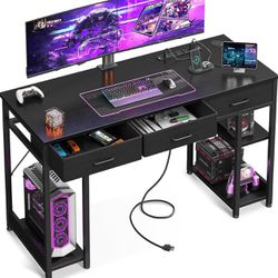  48 Inch Gaming Desk with Fabric Drawers & Power Outlets, Computer Desk with Storage Shelves & CPU Stand, Gamer Table, Writing Study Desk with Type-C 