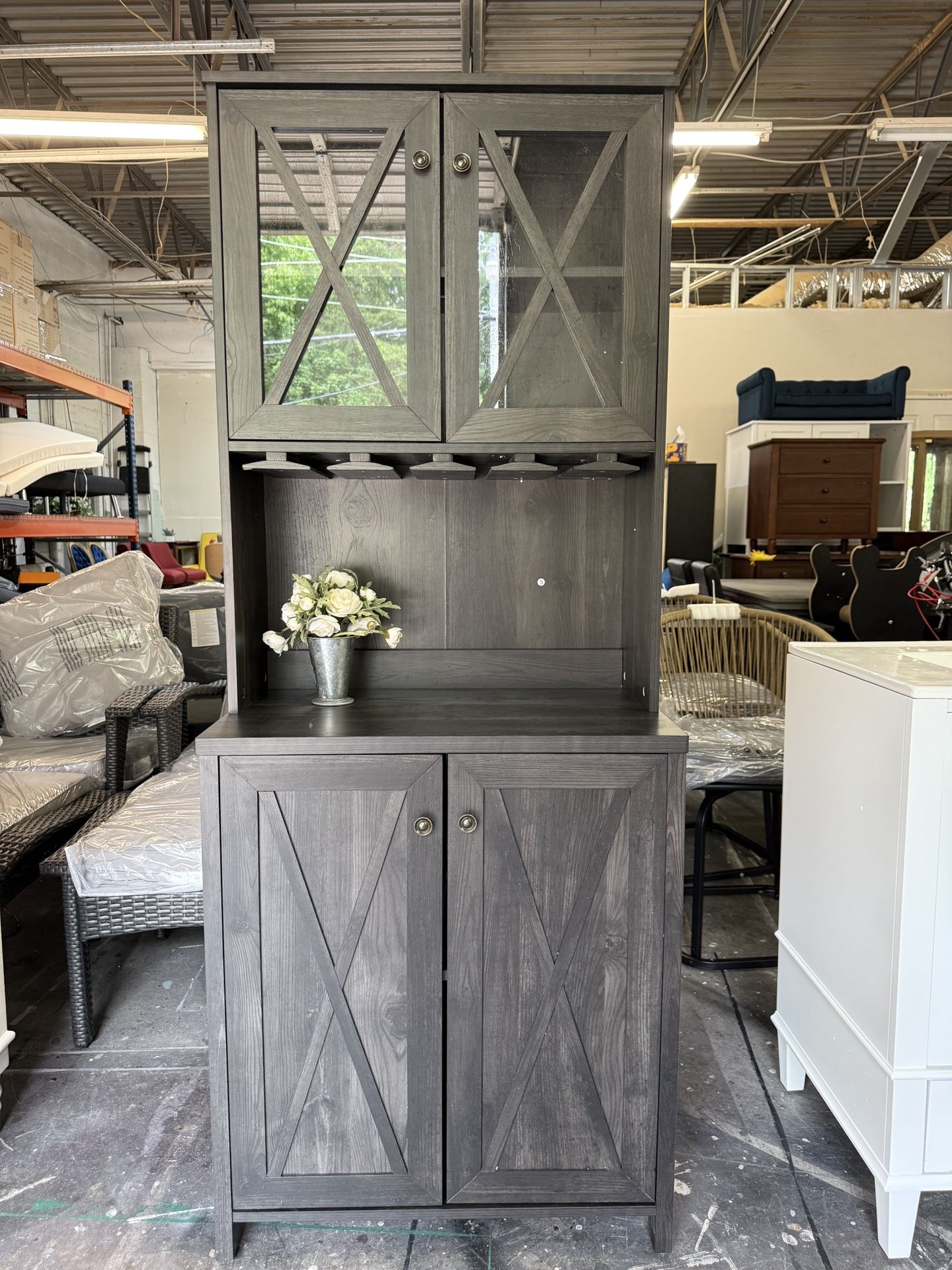Brand new 67" Wine Bar Cabinet with Glass Doors & Wine Rack, Farmhouse Coffee Bar Cabinets with Open Shelves, Freestanding Storage for Living & Dining
