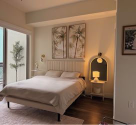 Queen bed frame + mattress + topper + night stands and art