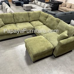 New! Green Sectional Sofa And Ottoman, Sage Sectional, Sectionals, Sofa, Couch, Living Room Sofa, Corduroy Sectional, Plush Sectional,Soft Plush Couch