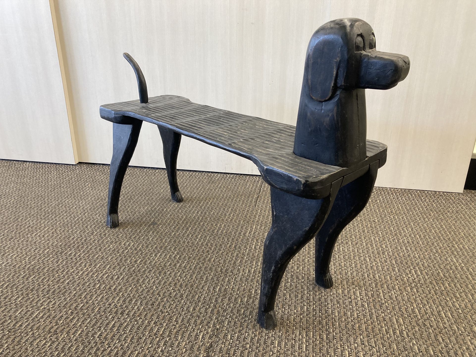 Carved Wood Black Dog Bench - Primitive, Folk Art