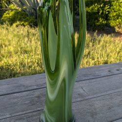 Mid Century Hand Blown Green Art Glass Pulled Stretch Swung Vase 18" Tall