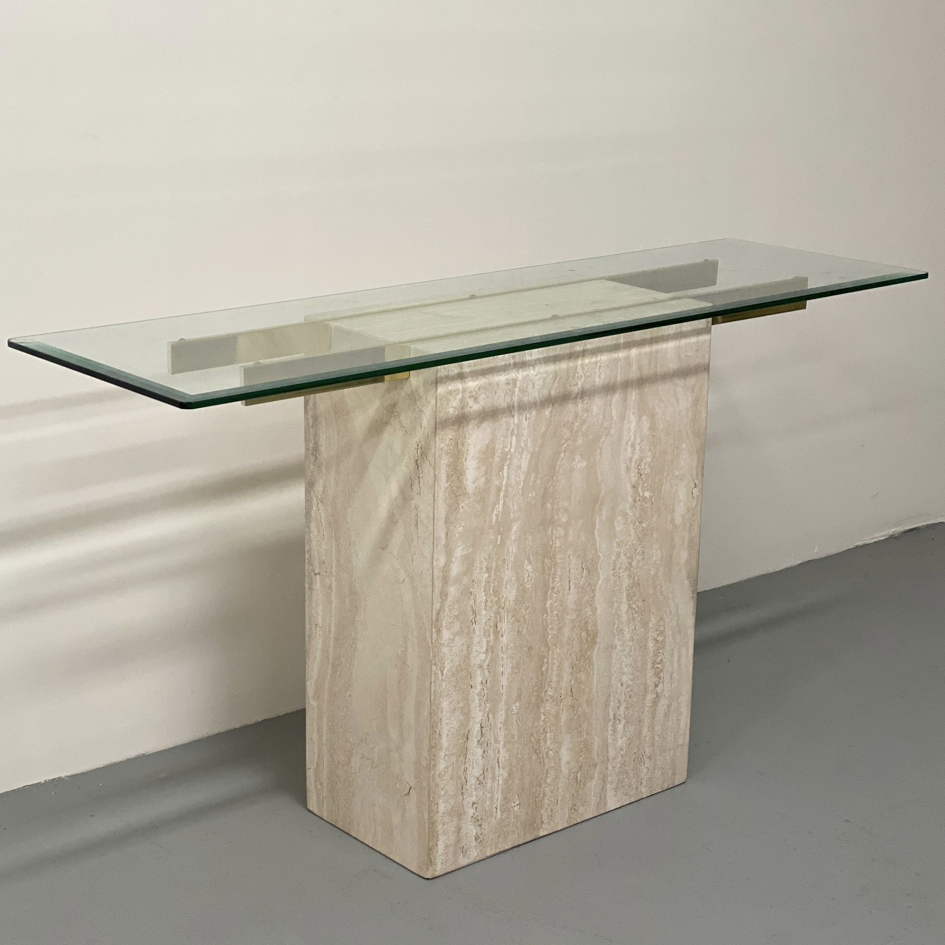 Italian Travertine and Glass Console Table by Artedi