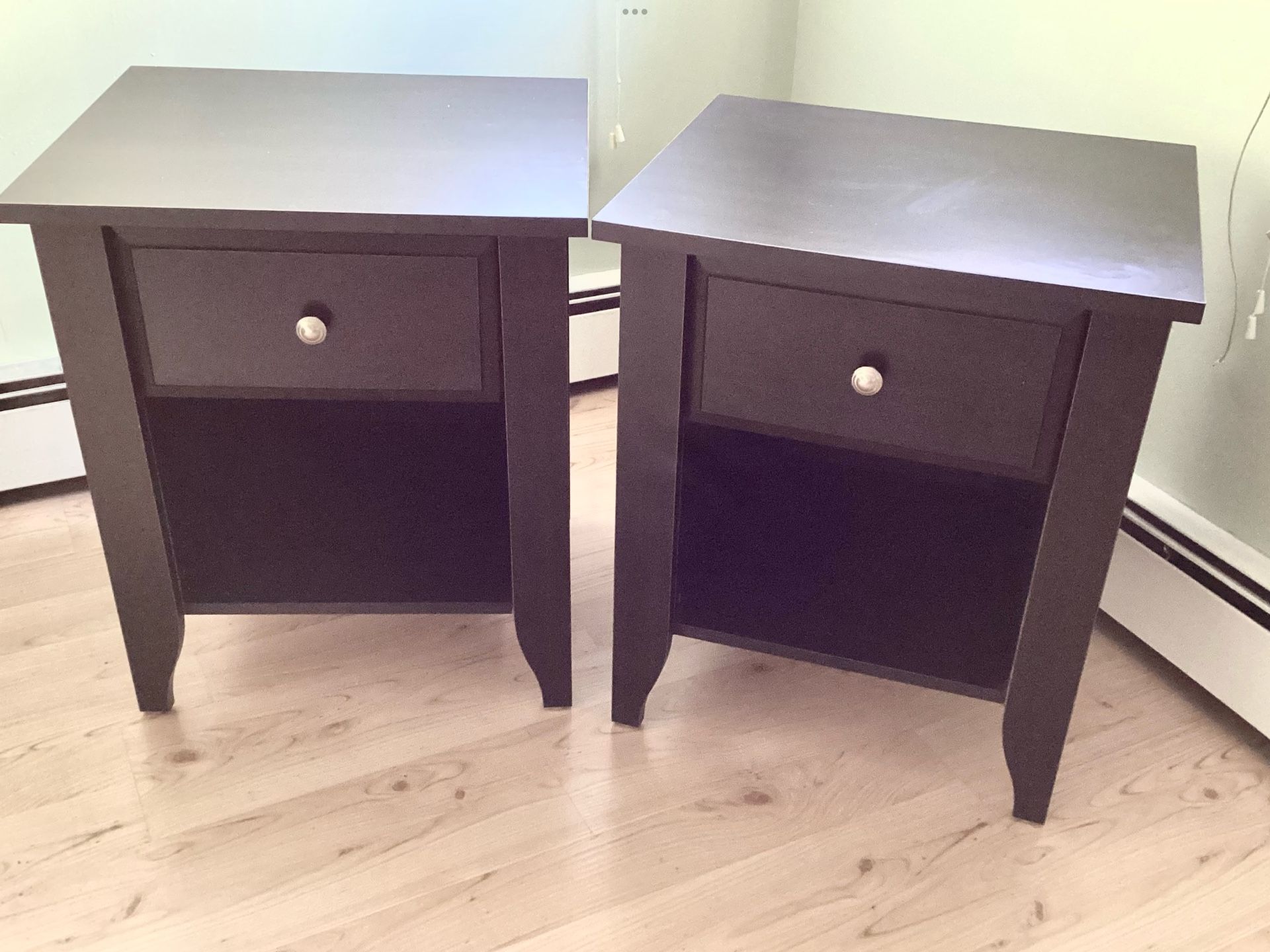 2 Preowned Nightstands w/ Drawers + Storage Shelf Particle Board End Tables 20” x  17.34” x  23.5”