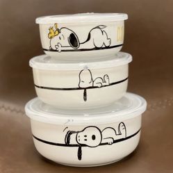 Peanuts Snoopy & Woodstock DID SOMEONE SAY FOOD nesting ceramic food storage bowls with lids. - set of 3