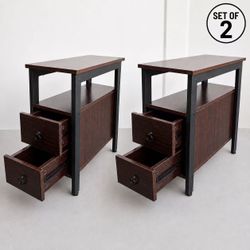 New In Box Set Of 2 Chestnut Brown Color Slim Night Stand Side Table With 2 Drawers Bedroom Shelf 