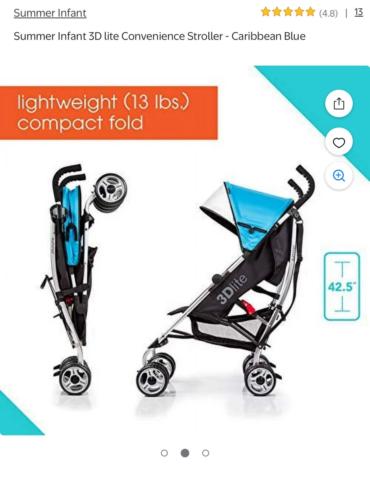 Summer by Ingenuity 3D Mini Lightweight Umbrella Stroller, Compact Fold, Recline, Canopy, Up to 45 pounds, Convenience Stroller for Travel, Blue