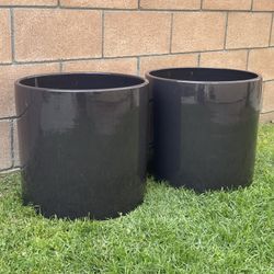 Two Available - Large dark gray glossy ceramic cylinder planters