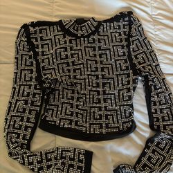 Long Sleeved, High Neck, Crop Top Greek Key Pattern Rhinestone Embellishments